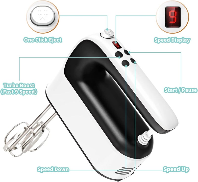 Yomelo 9-Speed Digital Hand Mixer Electric, 400W Powerful DC Motor, Hand Mixer Electric Handheld with Snap-On Storage Case, 5 Stainless Steel Accessories, Beaters, Dough Hooks, Whisk(White/Black) - Image 2